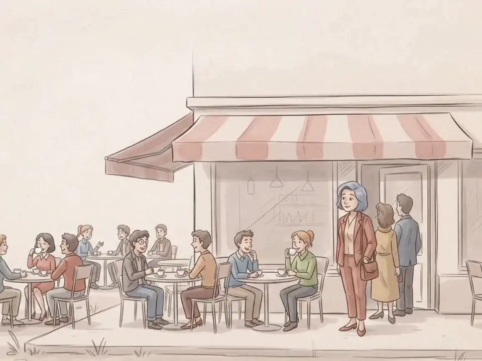 Her café fills up: people arrive from the street, every table is taken and a queue forms at the door while she smiles in the doorway.