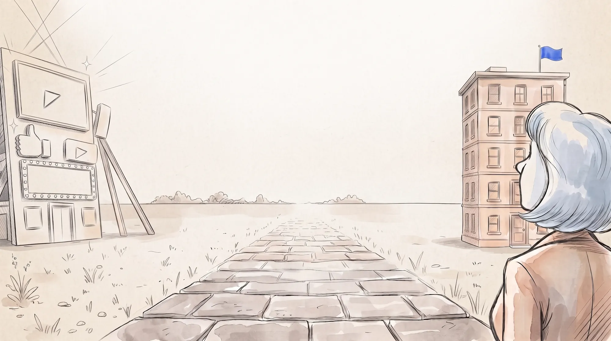 Pencil sketch. On the left, a flashy building front covered in video screens, a thumbs-up and a sign reading 1M views, lit by searchlights, but it is only a flat board propped up from behind with nothing behind it. On the right, a modest, solid building flying a blue flag. A woman in the foreground looks at the solid one.