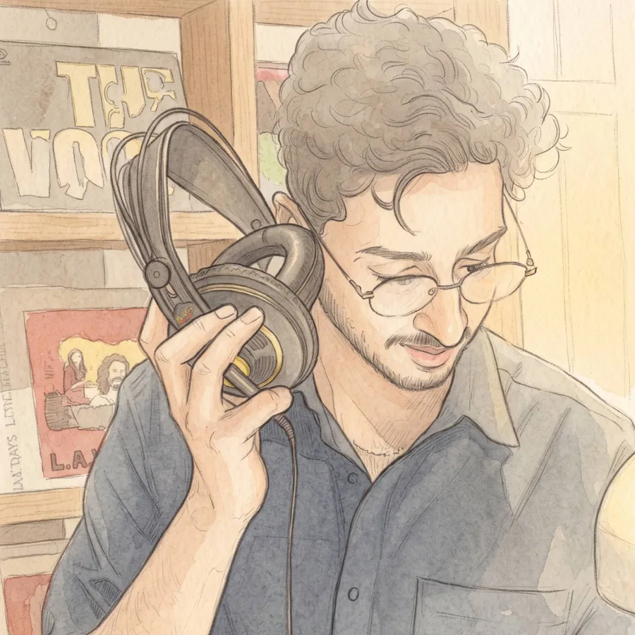 Pencil-and-watercolour portrait of Akhil Antony, curly-haired and in glasses, holding studio headphones to one ear and looking down with a half-smile.