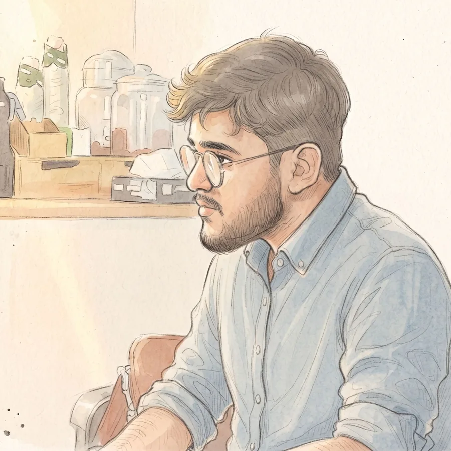 Pencil-and-watercolour portrait of Anil Antony in glasses and a light blue shirt, seated and listening intently.