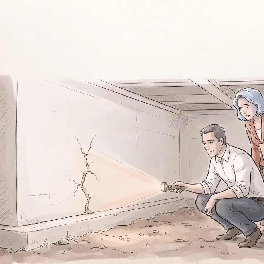 In a basement, a consultant crouches with a torch lighting up a single crack in the foundation wall.