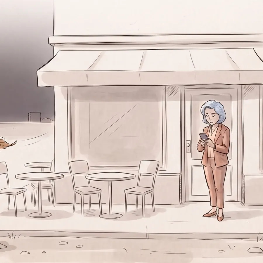 Her café, every table empty, a single leaf blowing past while she stands in the doorway looking at her phone.