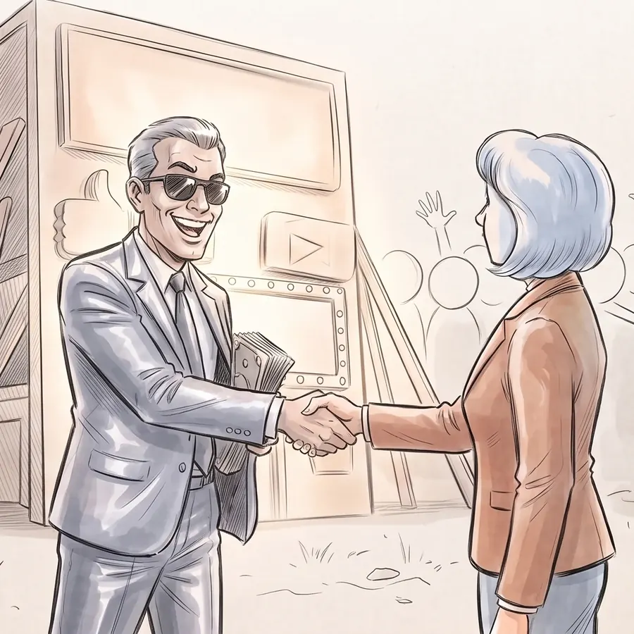 A grinning salesman in a shiny suit and sunglasses shakes her hand in front of the flashy fake front, pocketing an envelope of cash.