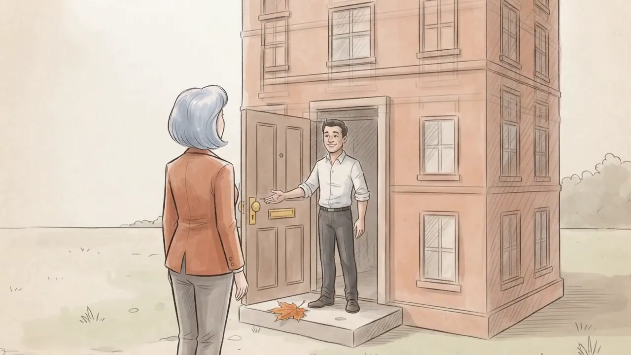 She walks up to the solid terracotta building with the blue flag, where a consultant opens the door and welcomes her in. The maple leaf rests on the doorstep.