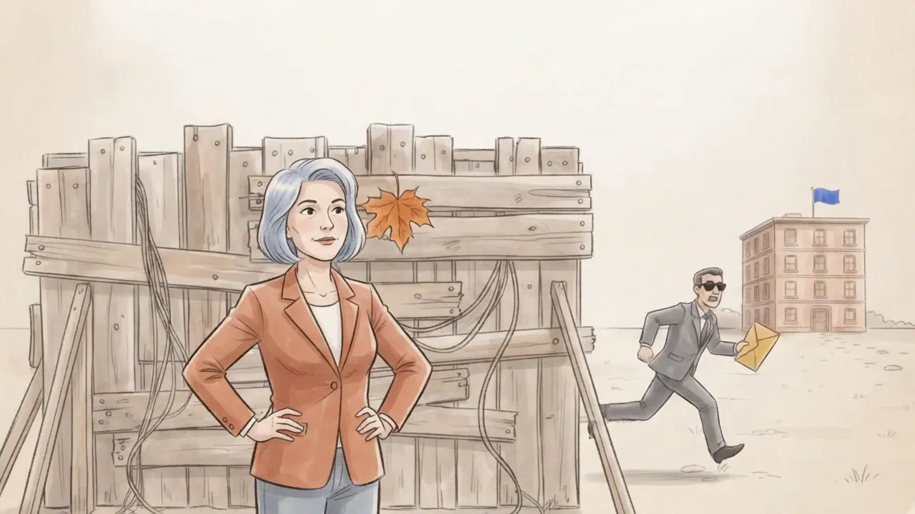 Behind the flashy front there is only a wall of planks and loose cables. She stands in front of it with her hands on her hips while the salesman runs off with his envelope, and a maple leaf lifts off the planks.