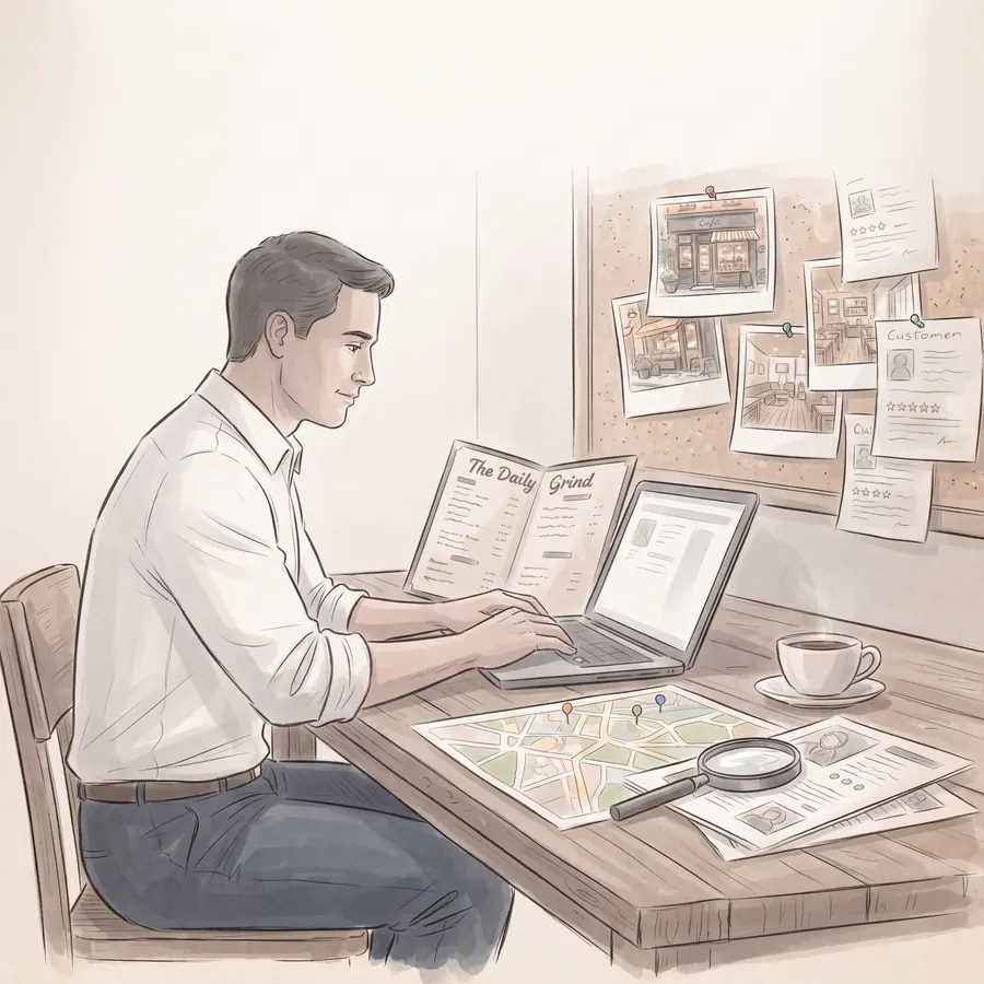Before any meeting, a consultant researches her café at his desk: its menu, a map of the neighbourhood, printed reviews and photos pinned to a board.